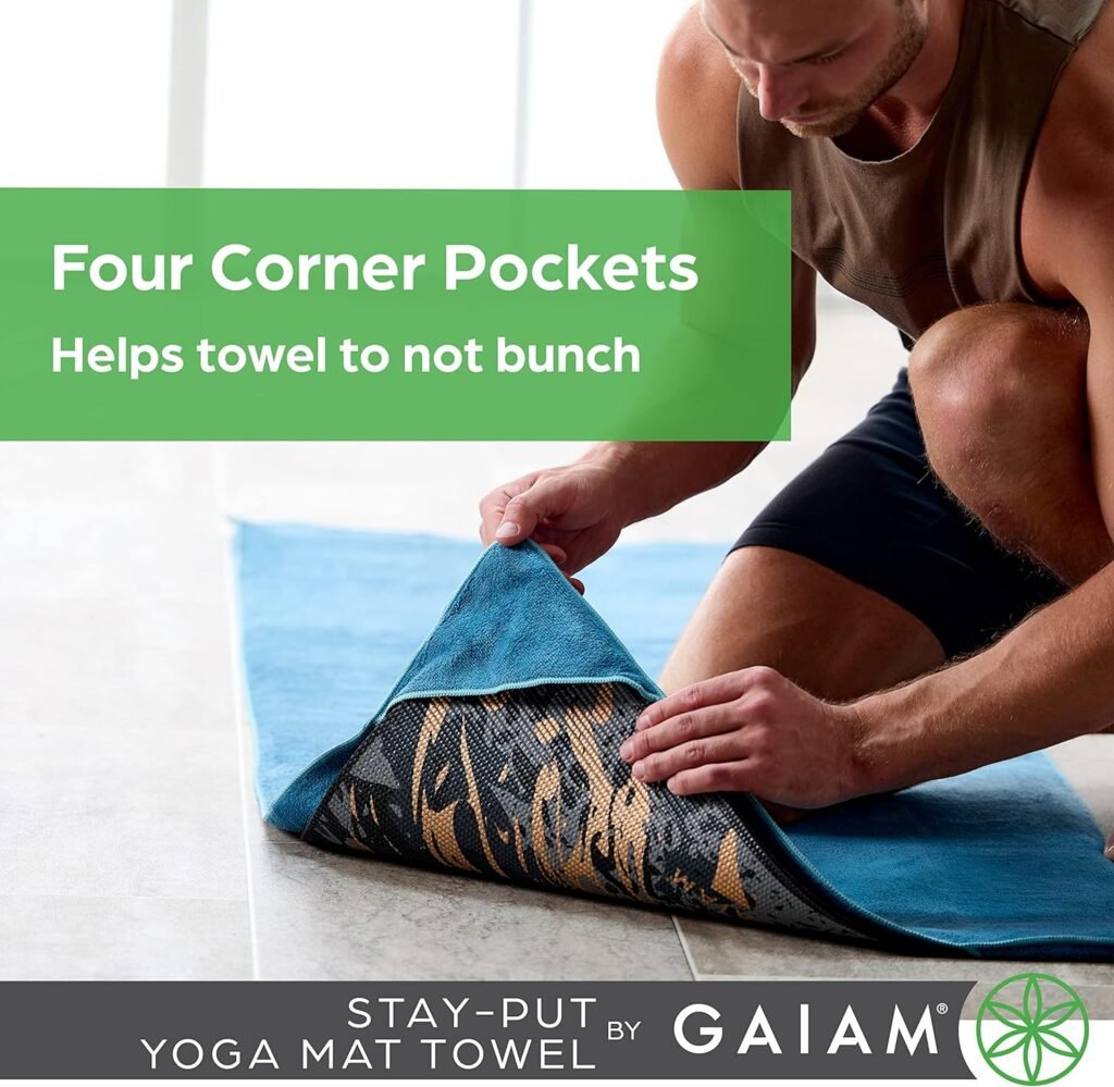 Gaiam Yoga Towel - Mat Sized Active Dry Non Slip Moisture Wicking Sweat Absorbent Microfiber Hot Yoga Towel for Women  Men | Stay-Put Corner Pockets (70 Long x 26 Wide)