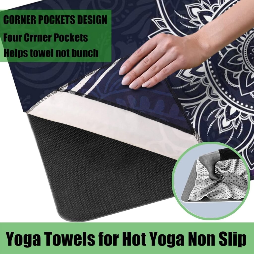 Boho Hot Yoga Mat Towel Non Slip for Hot Yoga - Quick-Drying Yoga Mat Cover with 4 Corner Pockets with Travel Bag - Hot Yoga Towel Non Slip Grip Moisture Wicking Sweat (26X74)