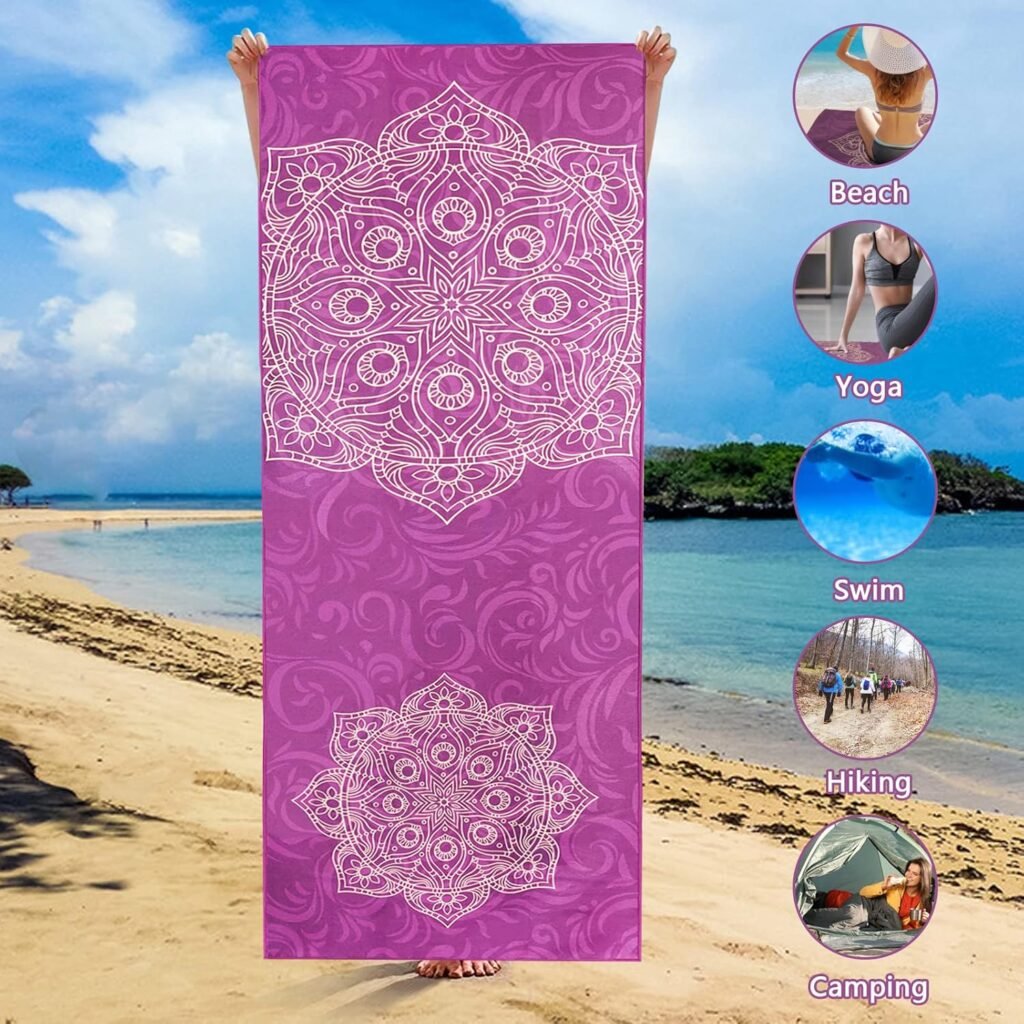 Non-Slip Yoga Towel Microfiber Yoga Mat Blanket for Hot Yoga Bikram Pilates Gym Towels for Sweat (73x25, Mandala Purple)